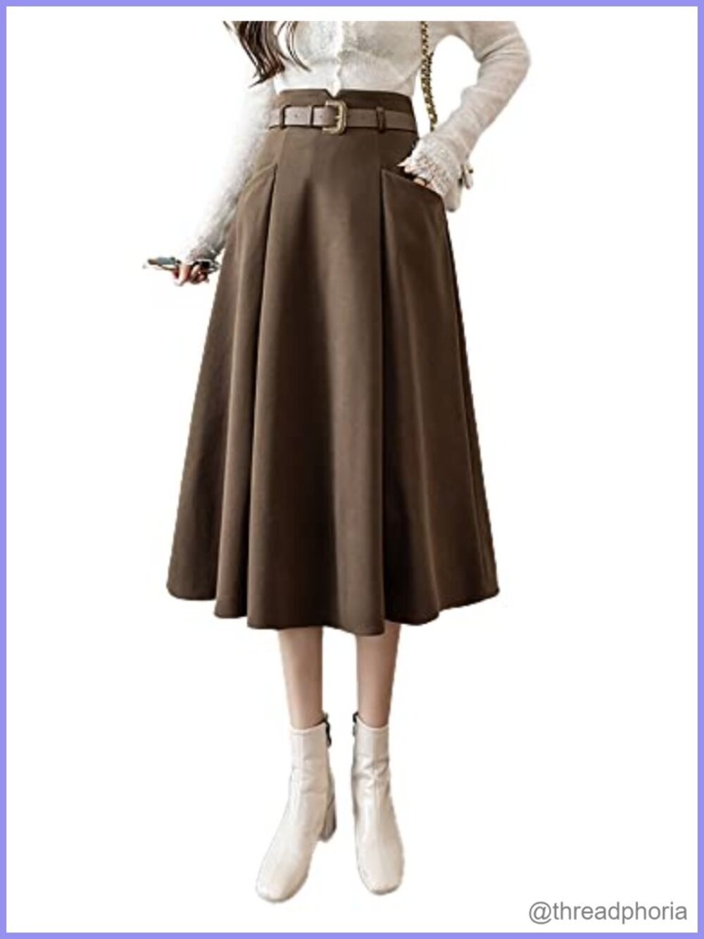 Wool Blend Midi Skirt High Waisted A-Line Pleated Belted Fall Winter